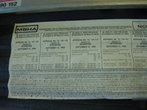 Interspiro air pack regulator face mask fireman mine